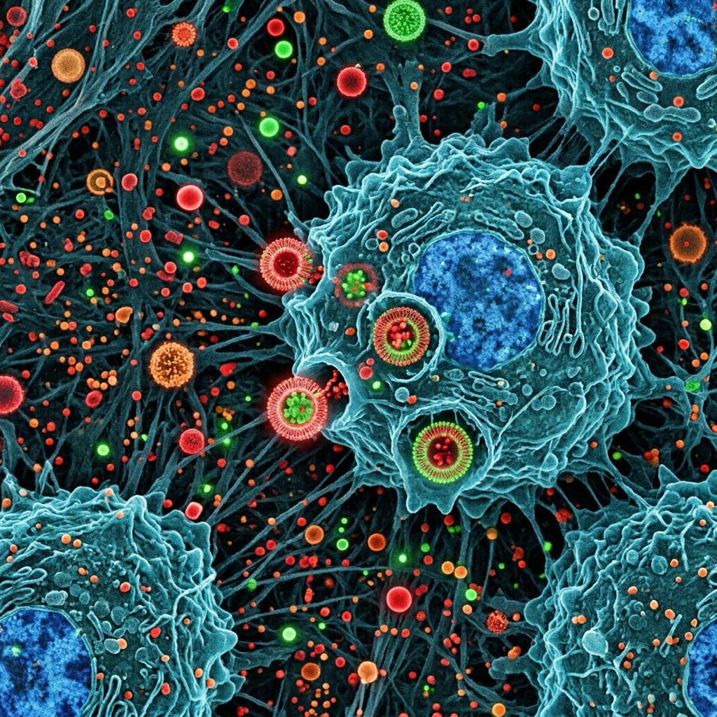 Microscopic view of cells with labeled nucleus, organelles, cytoplasms, and membranes surrounded by viral particles