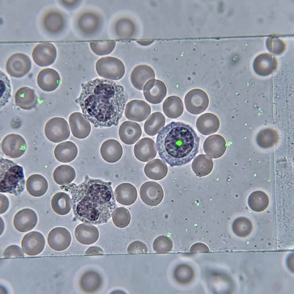 Microscopic image showing red blood cells and white blood cells with green fluorescence