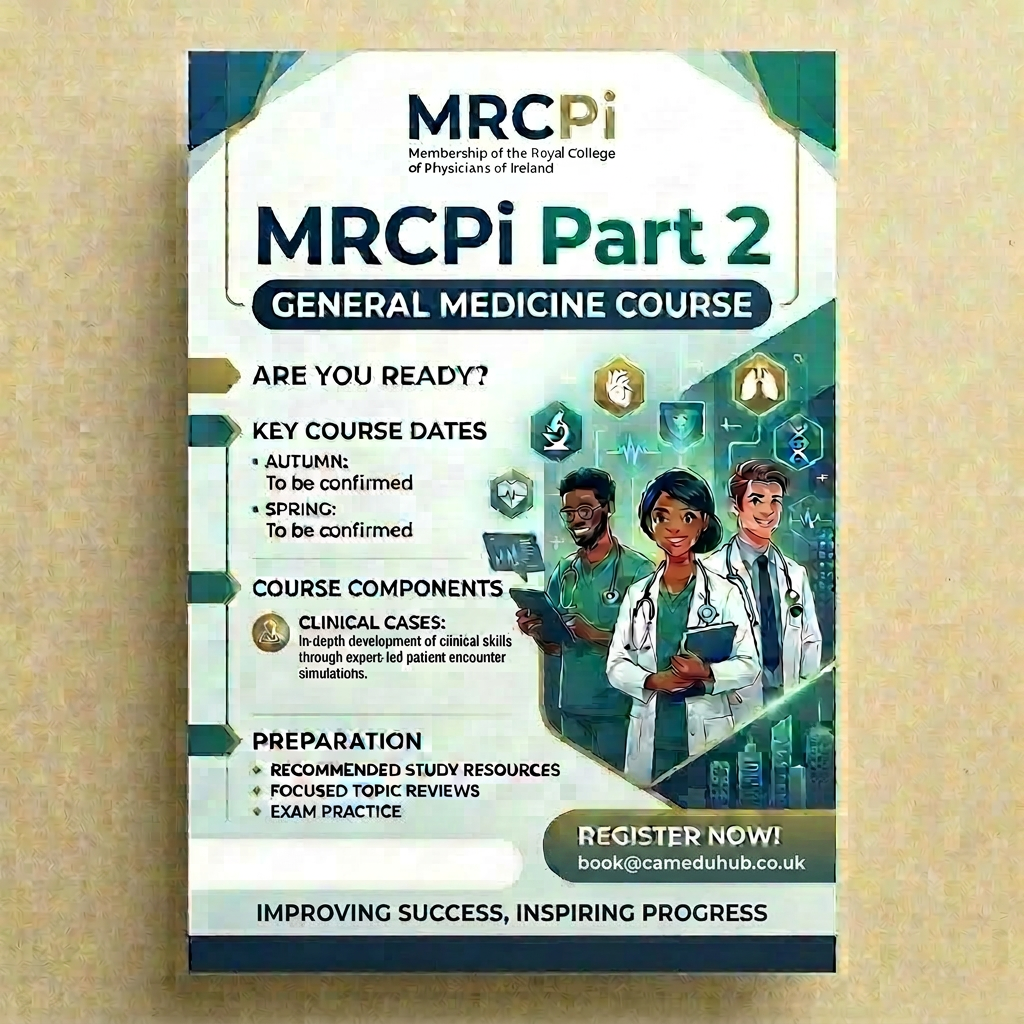 MRCPi Part 2 General Medicine Exam flyer with key dates, exam components, and preparation tips